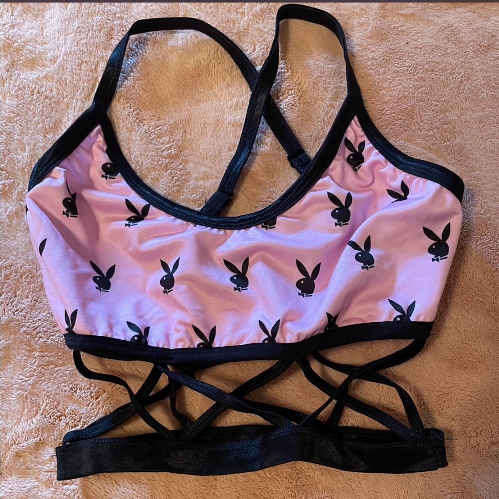 PLAYBOY Pink and Black Crisscross Bralette